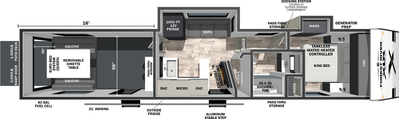 The XLR Boost 366BX floorplan is a toy hauler that has two entries and two slide outs. Exterior features include: fiberglass exterior and 21' awning. Interiors features include: front bedroom.